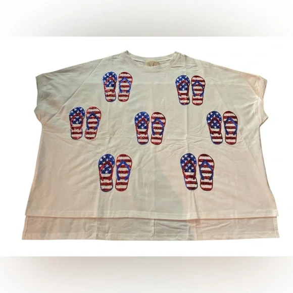 Fantastic Fawn Fourth of July stars & stripes sequins flip flops graphic tee s - Picture 3 of 9